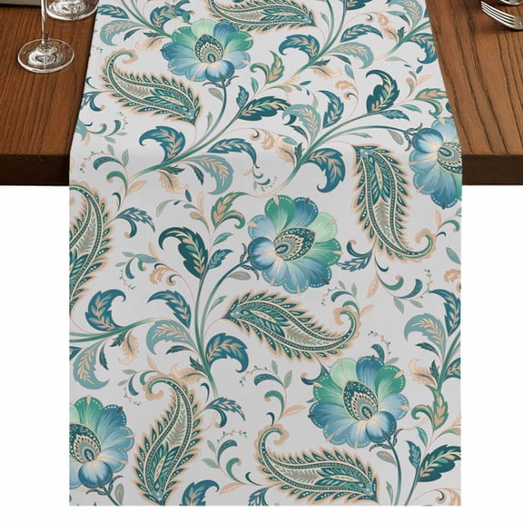 Teal Paisley Floral 48 Inch Table Runner, Boho Ethnic Tribe Traditional Farmhouse Dresser Scarf Cotton & Linen Tablerunner for Dining/Kitchen Island/Holiday Party Décor 13" x 48"