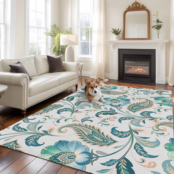 Teal Paisley Floral Area Rug 5x8 FT, Non Slip Bedroom Throw Carpet, Boho Ethnic Tribe Traditional Washable Soft Floor Carpet Non-Shedding Rug for Living Room Nursery Dorm Office