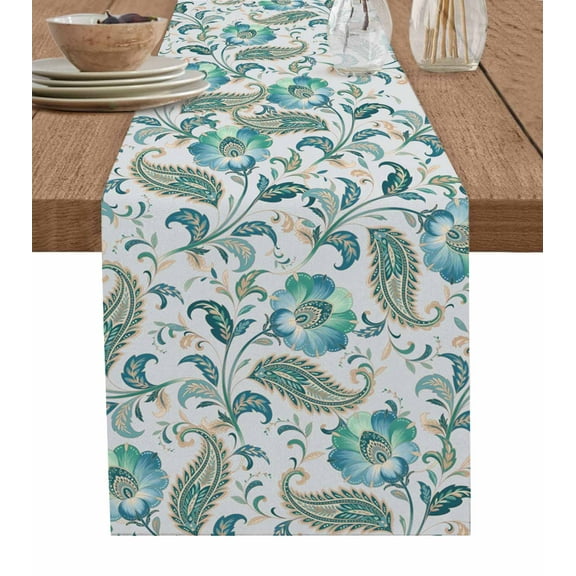 Teal Paisley Floral Burlap Cotton Table Runner 14x72 Inches Long, Boho Ethnic Tribe Traditional Farmhouse Table Runners, Outdoor Dining Tablecloths Decor for Baby Shower/Party/Wedding
