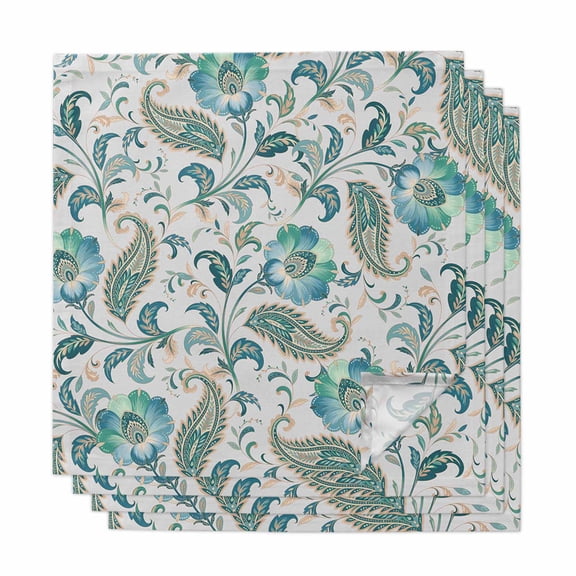 Teal Paisley Floral Cloth Napkins, Boho Ethnic Tribe Traditional Washable and Reusable Dinner Napkins Set of 4, Table Napkin for Kitchen Party Birthday Wedding Hotel Housewarming 20"x20"