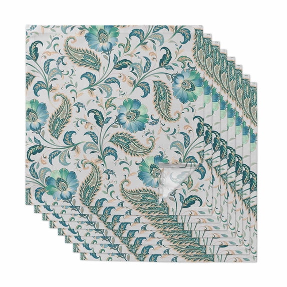 Teal Paisley Floral Cloth Napkins, Boho Ethnic Tribe Traditional Washable and Reusable Dinner Napkins Set of 8, Table Napkin for Kitchen Party Birthday Wedding Hotel Housewarming 20"x20"