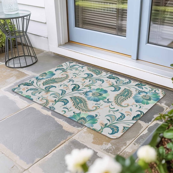 Teal Paisley Floral Door Mat Indoor Outdoor, Boho Ethnic Tribe Traditional Non Slip Welcome Mat with Rubber Backing, Absorbent Fabric Front Door Mats Entryway Rug for Home Patio Entrance 16"x24"