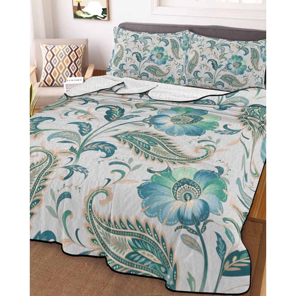 Teal Paisley Floral King Size Down Alternative Comforter, Lightweight Comforter Quilt Bedding Set with Pillow Shams Boho Ethnic Tribe Traditional All Seasons Bed Comforter Duvet Insert 96"x106"