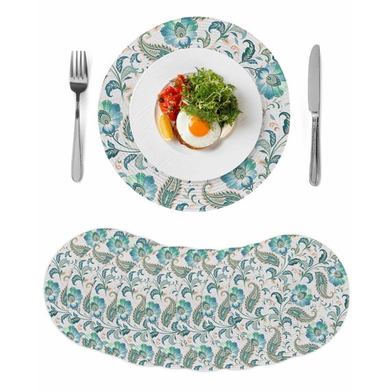 Teal Paisley Floral Round 13 Inch Placemats Set of 8, Boho Ethnic Tribe Traditional HeatResistant Non Slip Place Mats for Dining Table, Wipeable Braided Kitchen Table Mats for Housewarming