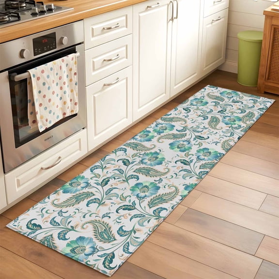 Teal Paisley Floral Runner Rug 2x6 FT, Non Slip Hallway Carpet, Boho Ethnic Tribe Traditional Washable Soft Floor Carpet Throw Runner Carpet Long Rug for Entryway Kitchen Bedside Sliding Door