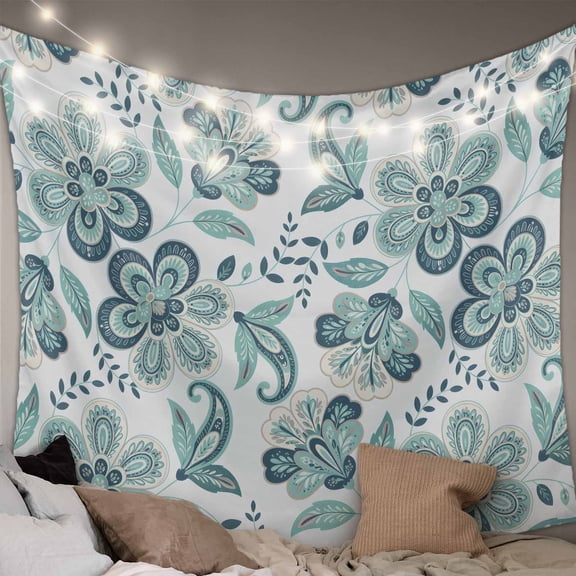Teal Paisley Floral Small Tapestry for Bedroom Wall Hanging Tapestry, Boho Vintage Flowers Ethnic Ceiling Backdrop Tapestries Poster Blanket Wall Decor for Teens Room Living Room Dorm 23" x 28"
