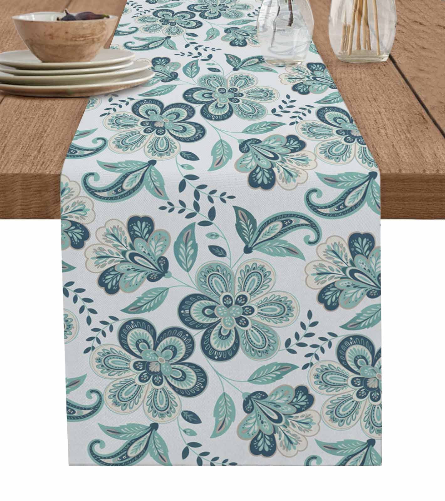 Teal Paisley Floral Table Runner 36 Inches, Boho Vintage Flowers Ethnic ...