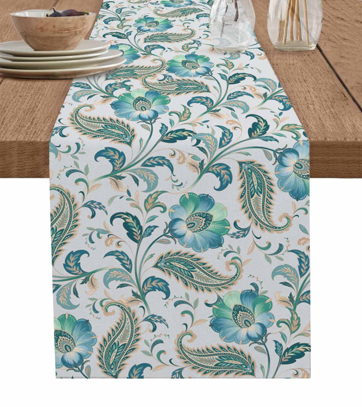 Teal Paisley Floral Table Runner 48 Inches, Boho Ethnic Tribe Traditional Bed Runner Dresser Scarves Tabletop for Indoor Outdoor Parties/Ceremony/Banquet, 13" x 48"