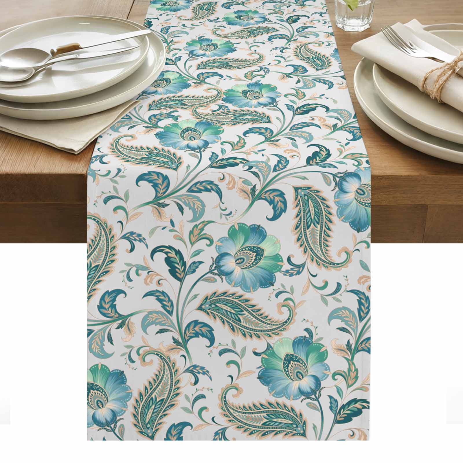 Teal Paisley Floral Table Runner - 60 Inch Long, Kitchen Dining Table ...