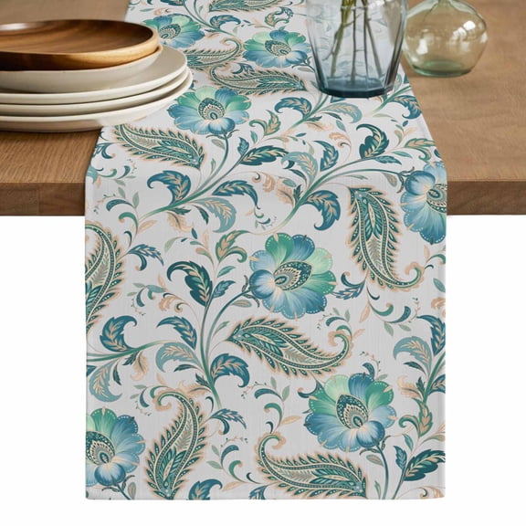 Teal Paisley Floral Table Runner, Boho Ethnic Tribe Traditional Washable Cotton Linen Table Runners 36 Inches Long, Dresser Scarf Runner for Nightstand/End Tables/Round Tables 13''x36''