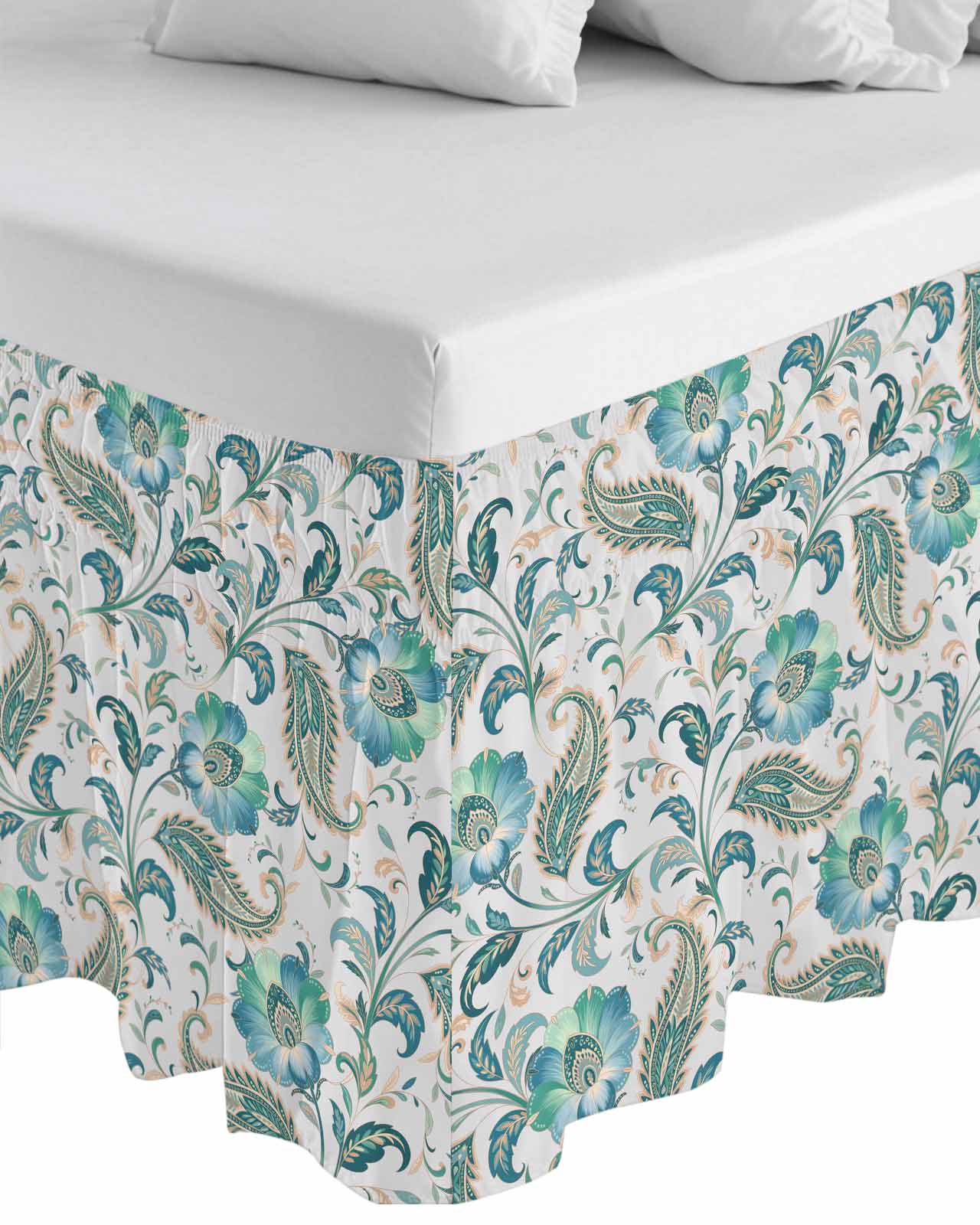 Teal Paisley Floral Wrap Around Bed Skirts for Queen Bed 16" Drop,Bed Skirt with Adjustable Elastic Belt Dust Ruffle Bed Valance for Bedroom Hotel Luxury Boho Ethnic Tribe Traditional Bed Frame Cover