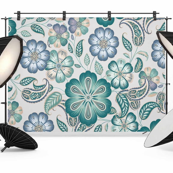 Teal Paisley Pattern Backdrop for Photoshoot,Photography Photo Studio Background Wall Backdrop,Boho Ethnic Floral Traditional Back Drop Banner Panel for Portraits Wedding Party Live Streaming 12x8Ft