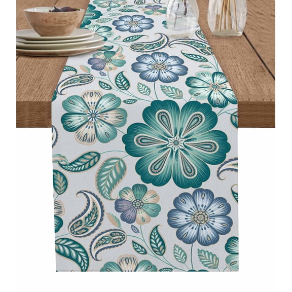 Teal Paisley Pattern Burlap Cotton Table Runner 13x70 Inches Long, Boho Ethnic Floral Traditional Farmhouse Table Runners, Outdoor Dining Tablecloths Decor for Baby Shower/Party/Wedding