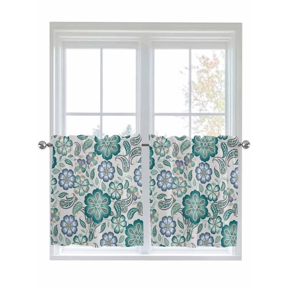 Teal Paisley Pattern Kitchen Curtains Tier 24 Inch Length, Boho Ethnic Floral Traditional Rod Pocket Light Filtering Window Curtains Living Room Bedroom Curtain Drapes Cafe Curtain 27.5''x24''x2