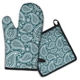 thumbnail image 1 of Teal Paisley Pattern Kitchen Oven Mitt and Pot Holder Sets 2 Pcs for Baking, Cooking and Grilling, Heat Resistant Up To 392 °F, 1 of 7