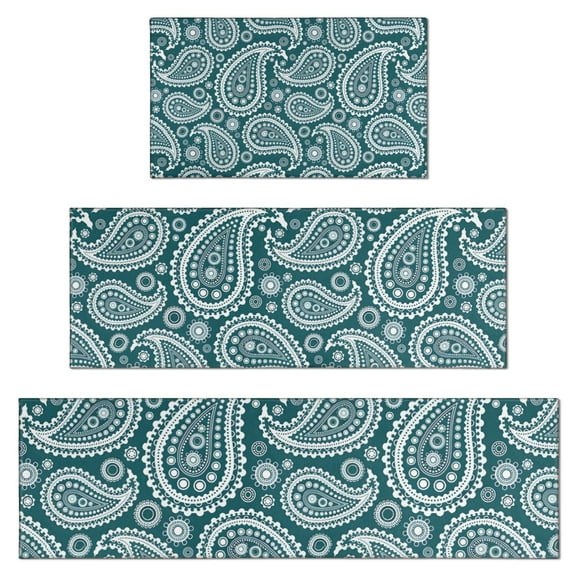 Teal Paisley Pattern Kitchen Rugs Sets Of 3,Kitchen Runner Rugs Non Skid Washable,Decorative Kitchen Floor Mats for Kitchen,Sink,Laundry,17"x30"+ 17"x47" + 17"x59"