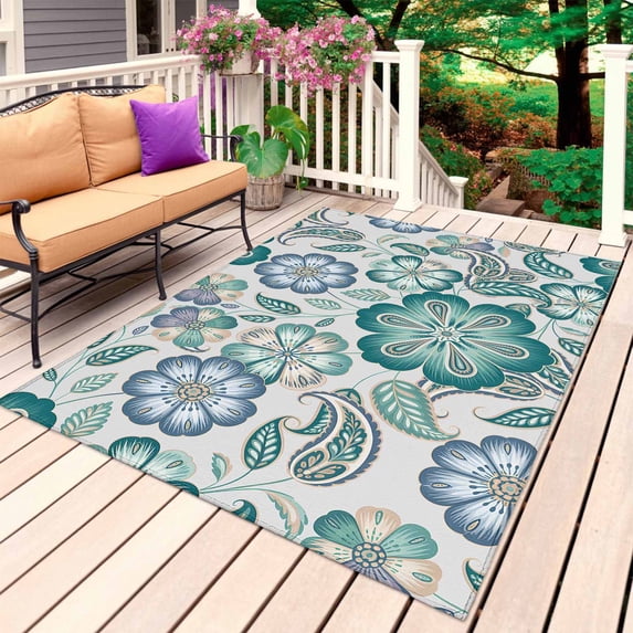 Teal Paisley Pattern Outdoor Rug for Patio/Deck/Porch, Non-Slip Large Area Rug 3 x 5 Ft, Boho Ethnic Floral Traditional Indoor Outdoor Rugs Washable Area Rugs, Reversible Camping Rug Carpet Runner