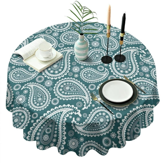 Teal Paisley Pattern Round Tablecloth 60"x60",Wrinkle Wipeable Table Cloth for Kitchen Dining Room Picnic Patio Party