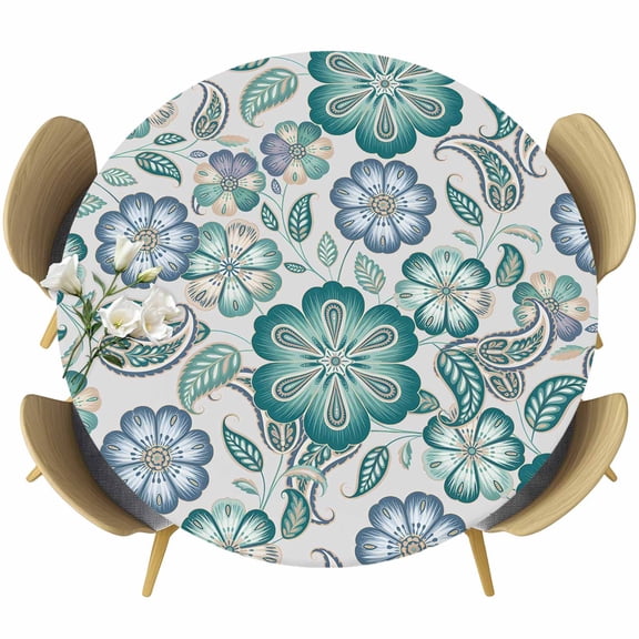 Teal Paisley Pattern Round Tablecloth, Fitted Table Cover with Elastic for 36"-44" Round Tables, Boho Ethnic Floral Traditional Table Cloth Outdoor Indoor Dinning Party Waterproof Tablecloths