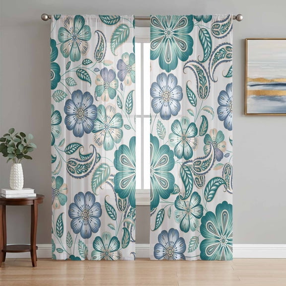 Teal Paisley Pattern Semi Sheer Curtains 108 Inch Length 2 Panels Set, Boho Ethnic Floral Traditional Sheer Kitchen Curtain Privacy Voile Window Curtain for Living Room Bedroom Rod Pocket Drapes
