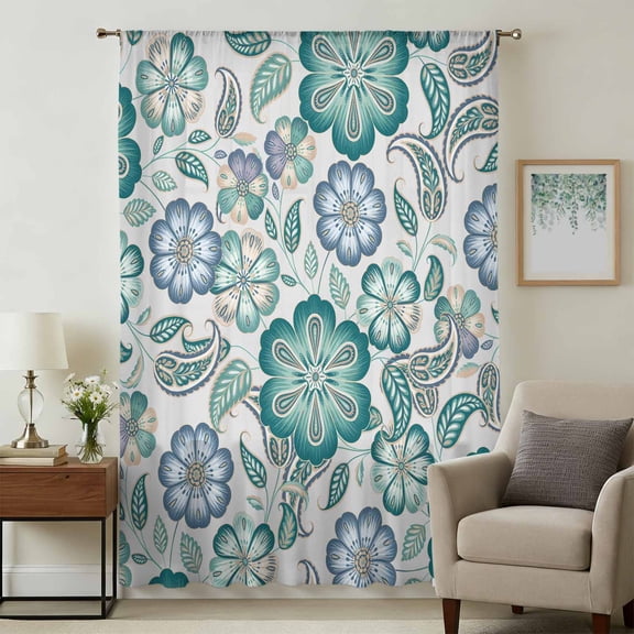 Teal Paisley Pattern Sheer Curtains 45 Inches Long, Boho Ethnic Floral Traditional Light Filering Curtains, Breathable Simi Curtain Privacy Drapes for Kitchen Bathroom Small Window Treatment