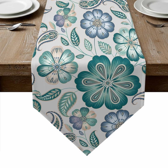 Teal Paisley Pattern Table Runner Linen Burlap Table Runner 36 Inches Small Boho Ethnic Floral Traditional Dresser Scarves for Kitchen Island Coffee Dining Room Party Holiday Decoration 13"x36"