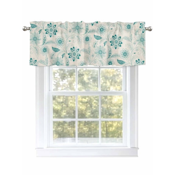 Teal Paisley Pattern Valances for Windows, Rod Pocket Kitchen Valance Curtains - Soft & Washable Small Window Treatment for Living Room, Bathroom, Boho Tribal Vintage Flowers 54x18inch, 1 Panel