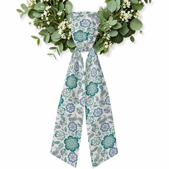 Teal Paisley Pattern Wreath Sash for Front Door, Boho Floral Traditional Wreath Bow Holiday Garland Ribbon Wreath Accessories for Home Yard Porch Doorway Fall Christmas Decorations Gifts