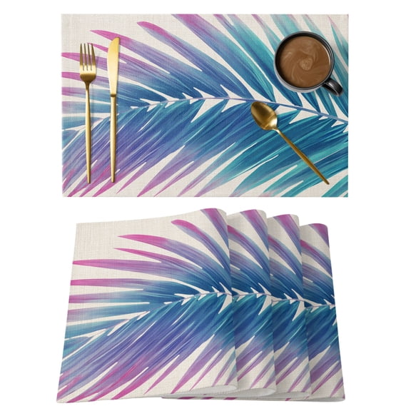 Teal Palm Leaf Cotton Linen Placemats Set of 8, Coastal Gradient Purple Teal Leaf Linen Texture Washable Table Place Mats Heat Insulating Placemat for Dining Room Kitchen Daily Use 13 x 19 Inch