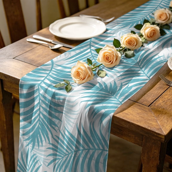 Teal Palm Leaves 10 ft Cheesecloth Table Runner for Wedding 27"x120", Summer Botanical Tropical Plant Rustic Kitchen Dinner Sheer Tulle Chiffon Dresser Scarf, Holiday Party Decorations
