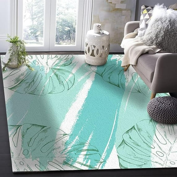 Teal Palm Leaves Area Rug, Pastoral Botanical Leaf Indoor Rugs With Anti-Slip Backing Durable Not Falling Off Carpet For Living Room Bedroom Dining Room 2 x 3ft