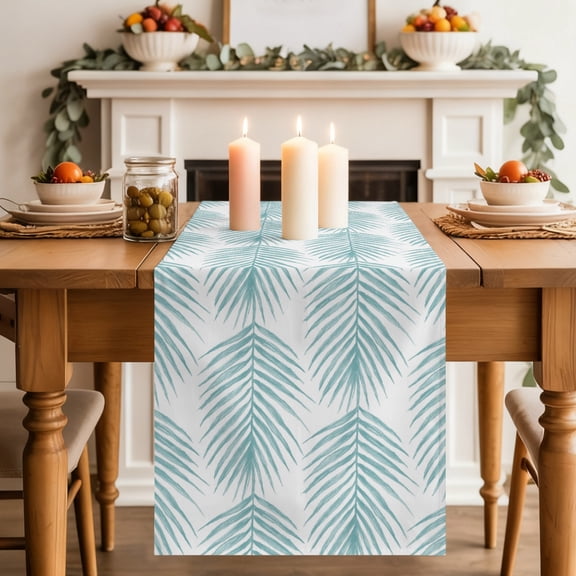 Teal Palm Leaves Dining Table Runner, Summer Tropical Leaf Botanical Washable Table Runners Kitchen Coffee Table Center Decor for Home Party Holiday Wedding 13 x 48 Inches