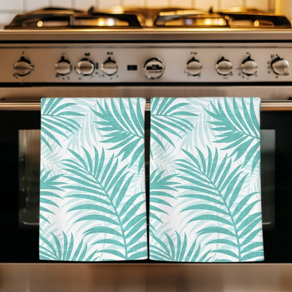 Teal Palm Leaves Kitchen Towels Set of 4, Summer Botanical Tropical Plants Absorbent Dish Towels for Kitchen, Microfiber Hand Towel, Quick Drying Tea Towel for Cleaning Decorative Dishcloths