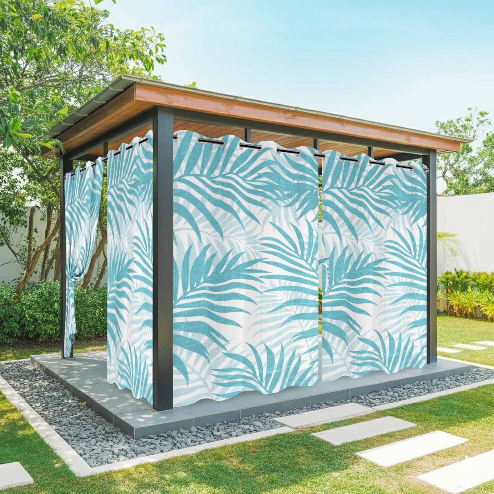 Teal Palm Leaves Outdoor Curtains for Patio, Summer Botanical Tropical Plant Rustic Sunshade Privacy Drapes Grommet Waterproof Outside Curtains for Porch/Cabana/Balcony 54"x 108", 1 Panel