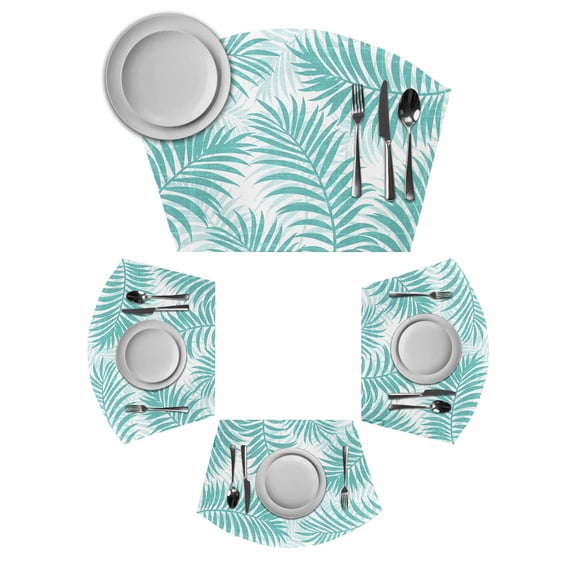 Teal Palm Leaves Round Table Placemats Set of 6 Wedge Placemats, Summer Botanical Tropical Plants Place Mats for Dining Table Set Washable Mats Kitchen Decor for Indoor Outdoor Wipe Clean