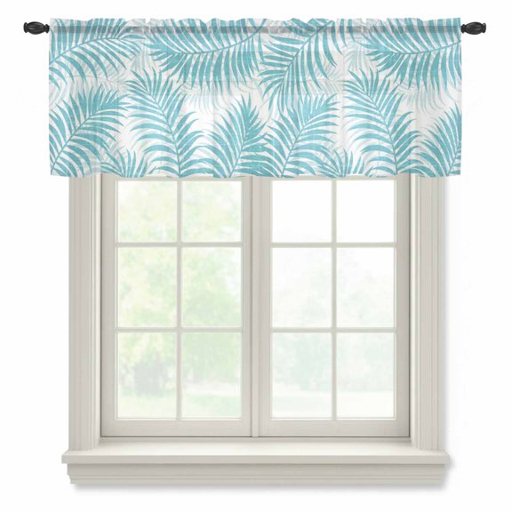 Teal Palm Leaves Semi Sheer Valance Curtains Summer Botanical Tropical Plant Rustic Voile Valances Curtain Rod Pocket Small Window Treatment for Kitchen Bathroom Cafe 42"x12"