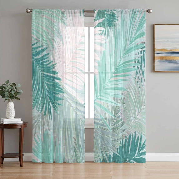 Teal Palm Leaves Sheer Curtains 72 Inches Long, Summer Tropical Plants Botanical Light Filtering Window Curtains for Living Room/Bedroom, Rod Pocket Voile Sheer Curtain Drapes, 52"W x 72"L, 2 Panels