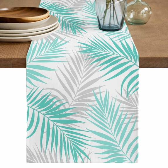 Teal Palm Leaves Table Runner 120 Inches Long,Summer Minimalist Tropical Botanical Gray Cotton Linen Table Runners Dresser Scarves,Fabric Tabletop Scarf Furniture Cover for Home Dinner Party 13"x120"