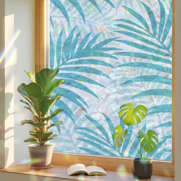 Teal Palm Leaves Window Privacy Film, Summer Botanical Tropical Plant Rustic Stained Glass Rainbow Film Decorative Window Clings, Static Cling Sun Blocking Stickers 23.6" x 59"