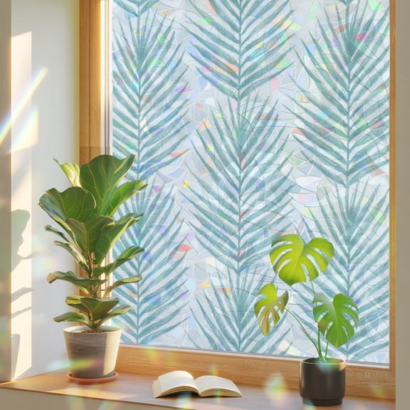 Teal Palm Leaves Window Privacy Film, Summer Tropical Leaf Botanical Stained Glass Rainbow Film Decorative Window Clings, Static Cling Sun Blocking Stickers 23.6" x 59"