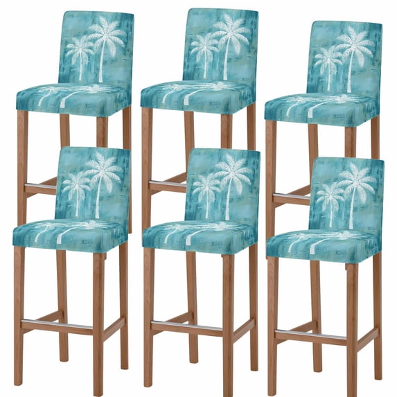 Teal Palm Tree Bar Stool Covers - Stretch Dining Chair Covers Set of 6, Summer Beach Botanical Coconut Plants Bar Chair Cover Removable Counter Stool Pub Chairs Slipcovers Protectors for Kitchen/Cafe