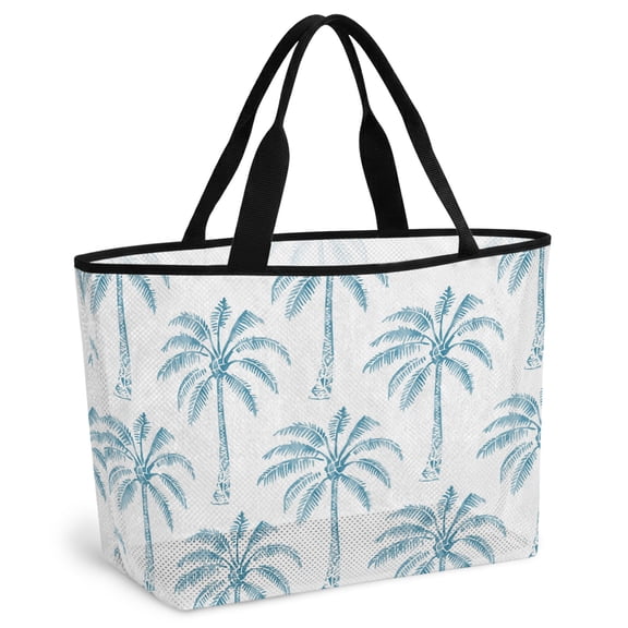 Teal Palm Tree Beach Bag for Women, Large Breathable Mesh Beach Tote Bag, Tropical Summer Botanical Forest Modern Sandproof Lightweight Travel Bags for Vacation Picnic Swimming Pool 15.7"x15.7"x9.1"