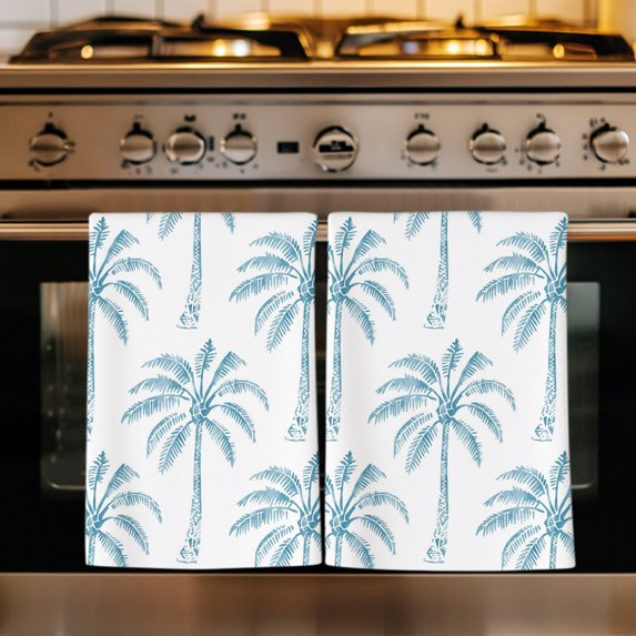 Teal Palm Tree Kitchen Towels Set of 3, Tropical Summer Botanical Forest Modern Absorbent Dish Towels for Kitchen, Microfiber Hand Towel, Quick Drying Tea Towel for Cleaning Decorative Dishcloths