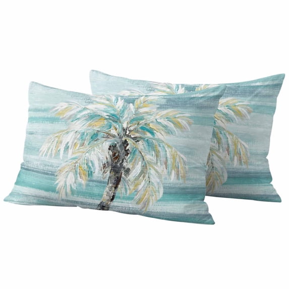 Teal Palm Tree Outdoor Waterproof Pillow Covers, Seaside Coastal Tree Tropical Botanical Decorative Rectangle Throw Pillowcase Sofa Cushion Sham for Patio/Couch/Chair, 20"x12" 2 Pack
