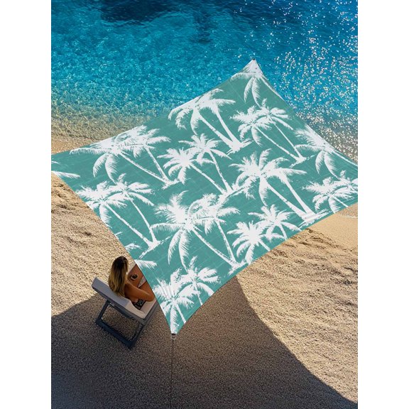 Teal Palm Tree Sun Shade Sail 8' x 10', Summer Tropical Country Vintage Silver Tree Leaf Rectangle Outdoor Sunshade Canopy, Waterproof UV Block Patio Covers for Garden Yard Beach