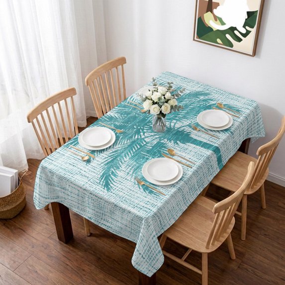 Teal Palm Tree Table Cloth Waterproof Tablecloths, Tropical Summer Coastal Vintage Turquoise Tablecloth Dining Table Cover for Kitchen Party Tabletop Outdoor, Rectangle Tablecloth 52x70 Inch