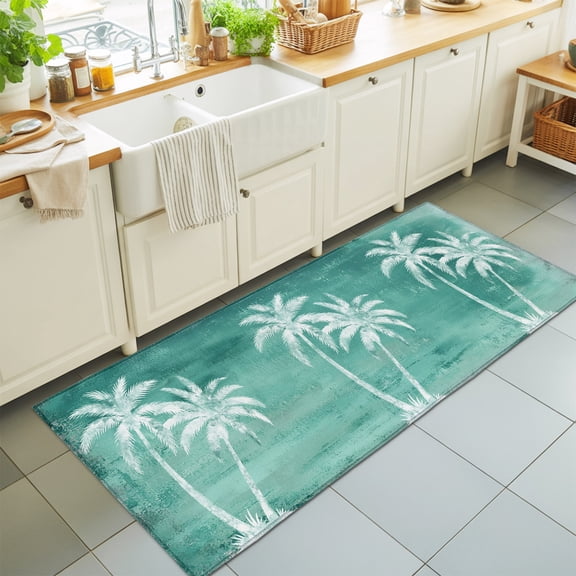 Teal Palm Tree Washable Runner Rugs 2'x6', Summer Tropical Beach Country Rustic Island Tree Leaf Washable Runner Rug Non-Slip Sturdy Edge Binding Carpet for Bedside Hallway Runner Kitchen Galley