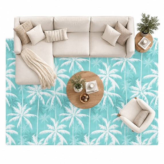 Teal Palm Trees Area Rug 8'x10', Summer Coastal Tropical Country Beach ...