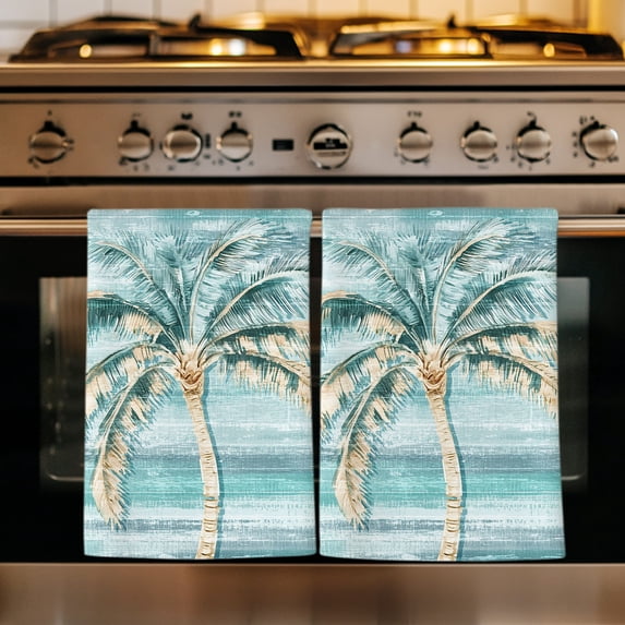 Teal Palm Trees Kitchen Towels Set of 2, Summer Tropical Coastal Absorbent Dish Towels for Kitchen, Microfiber Hand Towel, Quick Drying Tea Towel for Cleaning Decorative Dishcloths