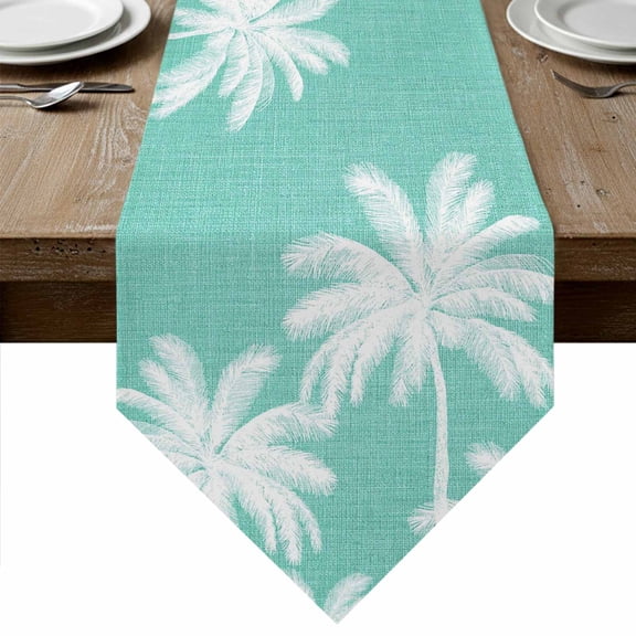 Teal Palm Trees Table Runner Linen Burlap Table Runner 70 Inches Long Farmhouse Tropical Summer Beach Dresser Scarves for Kitchen Island Coffee Dining Room Party Wedding Banquet Holiday Decor 13"x70"